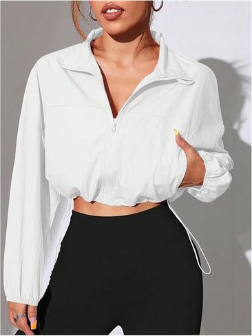 OYOANGLE Women's Solid Zipper Front Sports Jacket Drawstring Lightweight Long Sleeve Cropped Running Jackets in Saudi Arabia