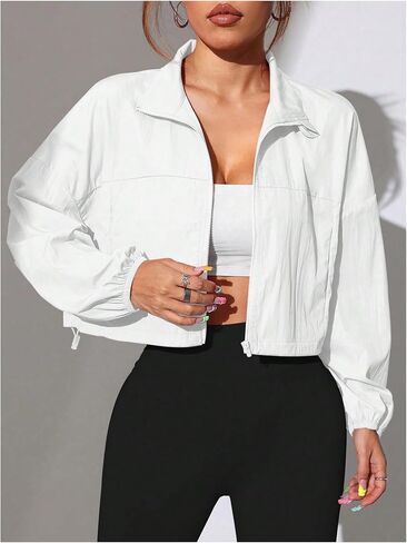 OYOANGLE Women's Solid Zipper Front Sports Jacket Drawstring Lightweight Long Sleeve Cropped Running Jackets in Saudi Arabia