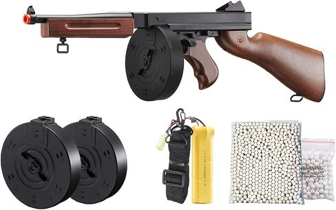 Airsoft Tommy Thompson Submachine Gun WW2 Chicago Typewriter Full Auto Electric SMG AEG with Extra Drum Magazines, Battery and Charger in Kuwait