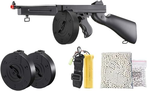 آلة كاتبة Airsoft Tommy Thompson Submachine Gun WW2 Chicago الآلة الكاتبة الكهربائية الكاملة SMG AEG مع مجلات طبلة إضافية وبطارية وشاحن in Kuwait