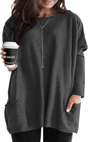 Plus Size Womens Long Sleeve Tops Crewneck Lightweight Sweatshirt Loose Casual Oversized T Shirts with Pockets in Saudi Arabia