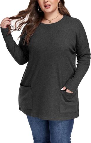Plus Size Womens Long Sleeve Tops Crewneck Lightweight Sweatshirt Loose Casual Oversized T Shirts with Pockets in Saudi Arabia