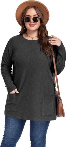 Plus Size Womens Long Sleeve Tops Crewneck Lightweight Sweatshirt Loose Casual Oversized T Shirts with Pockets in Saudi Arabia