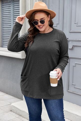 Plus Size Womens Long Sleeve Tops Crewneck Lightweight Sweatshirt Loose Casual Oversized T Shirts with Pockets in Saudi Arabia