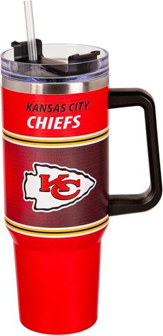 كوب NFL Kansas City Chiefs من الفولاذ المقاوم للصدأ مع مقبض وقش، كوب معزول بجدار مزدوج 40oz مع غطاء، زجاجة مياه خالية من BPA، كوب سفر لكرة القدم مرخص رسميًا للقهوة والشاي in Saudi Arabia