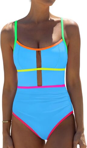 popvil Women One Piece Swimsuit 2025 Sporty Neon Bathing Suit Tummy Control Swim Suit Cut Out Adjustable Straps Swimwear in Saudi Arabia