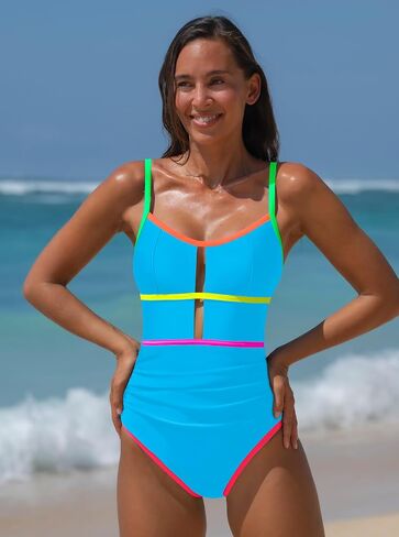 popvil Women One Piece Swimsuit 2025 Sporty Neon Bathing Suit Tummy Control Swim Suit Cut Out Adjustable Straps Swimwear in Saudi Arabia