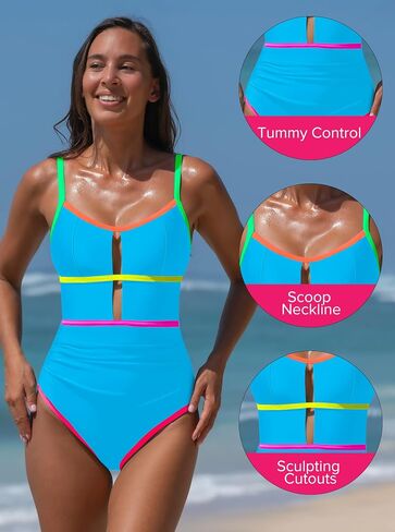 popvil Women One Piece Swimsuit 2025 Sporty Neon Bathing Suit Tummy Control Swim Suit Cut Out Adjustable Straps Swimwear in Saudi Arabia