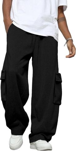 Men's Baggy Sweatpants Heavyweight Fleece Cargo Pants Wide Leg Loose Fit Casual Joggers Sweat Pants for Men with Pockets in Saudi Arabia