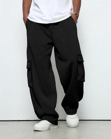 Men's Baggy Sweatpants Heavyweight Fleece Cargo Pants Wide Leg Loose Fit Casual Joggers Sweat Pants for Men with Pockets in Saudi Arabia