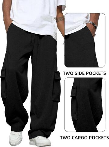 Men's Baggy Sweatpants Heavyweight Fleece Cargo Pants Wide Leg Loose Fit Casual Joggers Sweat Pants for Men with Pockets in Saudi Arabia