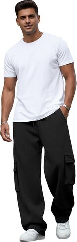 Men's Baggy Sweatpants Heavyweight Fleece Cargo Pants Wide Leg Loose Fit Casual Joggers Sweat Pants for Men with Pockets in Saudi Arabia