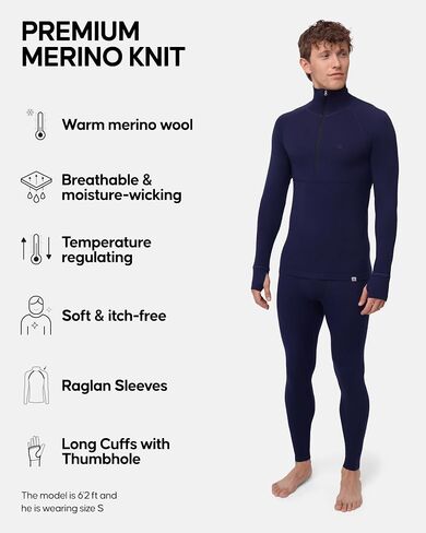 DANISH ENDURANCE Merino Wool Half Zip Base Layer Set Men, Top and Bottom Set in Saudi Arabia