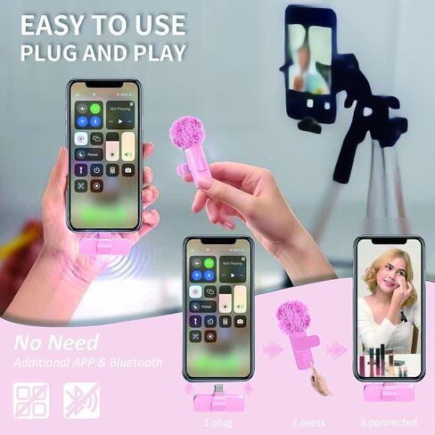 Pink Mini Wireless Microphone, Professional Lavalier Lapel Mic with USB-C & Lightning for iPhone, iPad, Android, iPhone Mic for Crystal Clear Recording, Video Making, Vlogging, Content Creators in Saudi Arabia