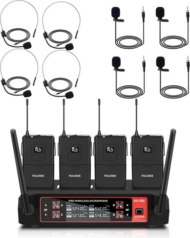 ميكروفون UG-550 ذو طية صدر السترة، نظام ميكروفون لاسلكي ذو 4 قنوات UHF مع 4 ميكروفونات Lavalier و4 ميكروفونات لسماعات الرأس لاجتماعات الغناء والكنيسة ومكبرات صوت التلفزيون (4 Bodypack) in Kuwait