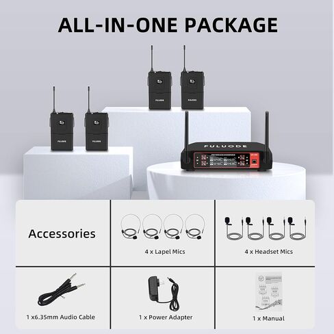 ميكروفون UG-550 ذو طية صدر السترة، نظام ميكروفون لاسلكي ذو 4 قنوات UHF مع 4 ميكروفونات Lavalier و4 ميكروفونات لسماعات الرأس لاجتماعات الغناء والكنيسة ومكبرات صوت التلفزيون (4 Bodypack) in Kuwait
