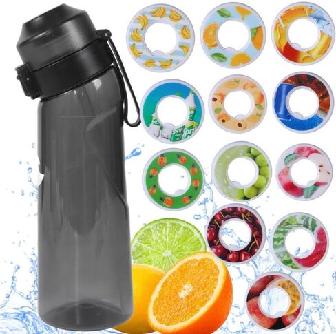 Air Scent Water Bottle with 12 Flavor Pods 650ML Fruit Fragrance Scented Water Cup BPA Free 0% Sugar For Fitness And Outdoor (1 Bottle Black+12 pods in random flavors) in Saudi Arabia