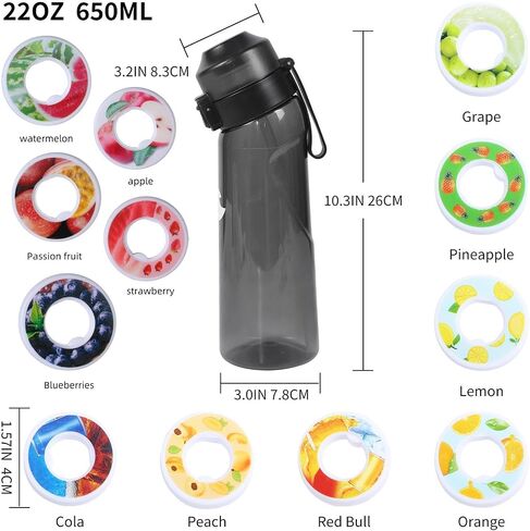 Air Scent Water Bottle with 12 Flavor Pods 650ML Fruit Fragrance Scented Water Cup BPA Free 0% Sugar For Fitness And Outdoor (1 Bottle Black+12 pods in random flavors) in Saudi Arabia
