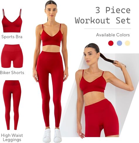 3 Piece Workout Set - Seamless Biker Short, High-Waist Leggings, Activewear Sports Bra Set for Gym Yoga Running Tennis in Saudi Arabia