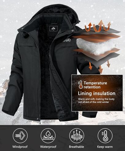 سترة تزلج مقاومة للماء للرجال للشتاء الدافئ مع غطاء للرأس للتزلج على الجليد، معطف ثلج جبلي in Kuwait