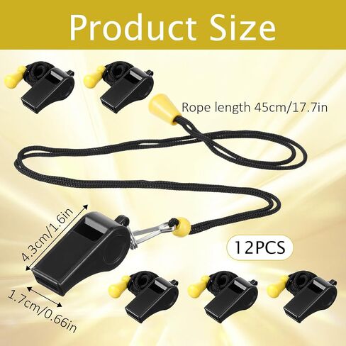 Whistle, 12PCS Black Sports Whistles with Lanyard Heavy-Duty Durable Plastic Whistles 120dB Loud Referee Whistle Loud Crisp Sound Ideal for Coaches Referees Officials Emergencies Outdoor Activities in Saudi Arabia
