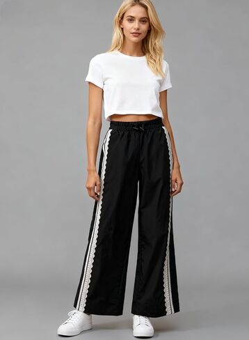 Baggy Track Pants Women Wide Leg Y2K Casual Drawstring Striped Contrast Color Lace Side Workout Pants in Saudi Arabia