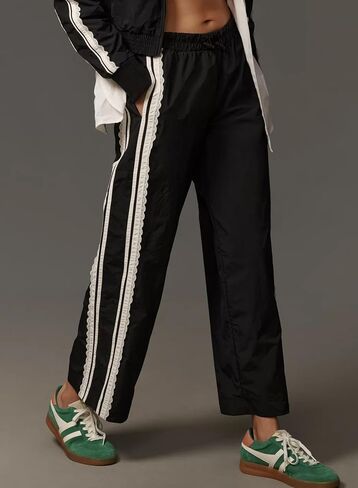 Baggy Track Pants Women Wide Leg Y2K Casual Drawstring Striped Contrast Color Lace Side Workout Pants in Saudi Arabia