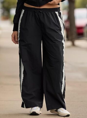 Baggy Track Pants Women Wide Leg Y2K Casual Drawstring Striped Contrast Color Lace Side Workout Pants in Saudi Arabia