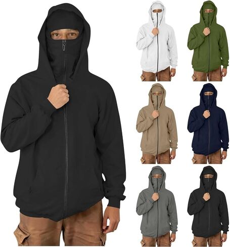 Mens Hoodie with Mask Unisex Balaclava Hoodies Zip Up Sweatshirts Double Layer Hoodies Plus Size Windproof Jackets in Kuwait