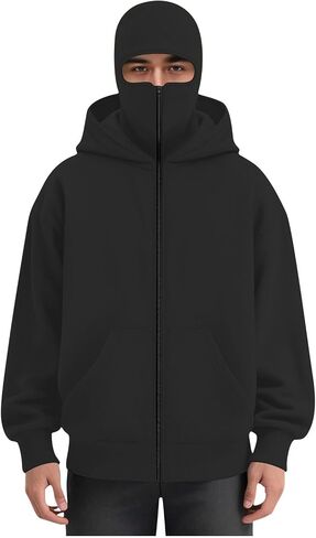 Mens Hoodie with Mask Unisex Balaclava Hoodies Zip Up Sweatshirts Double Layer Hoodies Plus Size Windproof Jackets in Kuwait