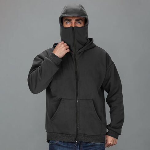 Mens Hoodie with Mask Unisex Balaclava Hoodies Zip Up Sweatshirts Double Layer Hoodies Plus Size Windproof Jackets in Kuwait