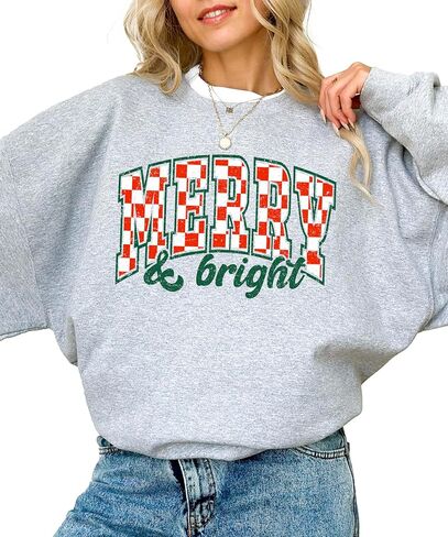 Merry and Bright Sweatshirt Retro Green and Red Check Christmas Pullover in Saudi Arabia