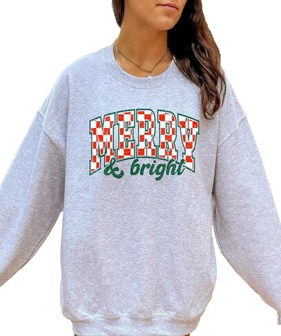 Merry and Bright Sweatshirt Retro Green and Red Check Christmas Pullover in Saudi Arabia