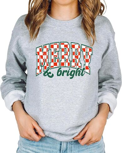 Merry and Bright Sweatshirt Retro Green and Red Check Christmas Pullover in Saudi Arabia