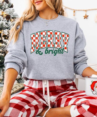 Merry and Bright Sweatshirt Retro Green and Red Check Christmas Pullover in Saudi Arabia