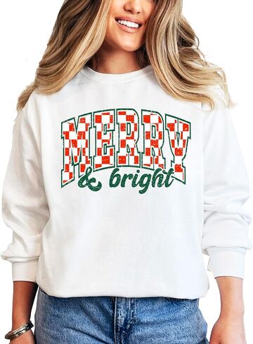 Merry and Bright Sweatshirt Retro Green and Red Check Christmas Pullover in Saudi Arabia