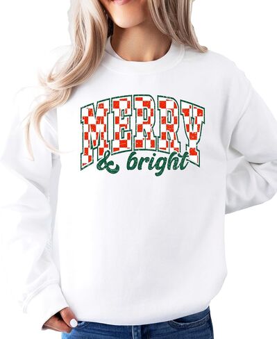 Merry and Bright Sweatshirt Retro Green and Red Check Christmas Pullover in Saudi Arabia