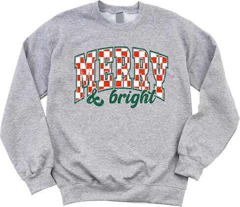 Merry and Bright Sweatshirt Retro Green and Red Check Christmas Pullover in Saudi Arabia
