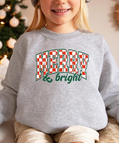 Merry and Bright Sweatshirt Retro Green and Red Check Christmas Pullover in Saudi Arabia