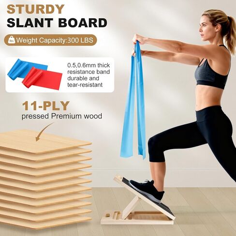 Slant Board for Calf Stretching,Calf Stretcher Adjustable Portable Wooden Foldable,5-Level Incline,2 Resistance Bands,300lb Weight Capacity,for Calf,Achilles,Ankle,Squats,Physical Therapy Exercise in Saudi Arabia