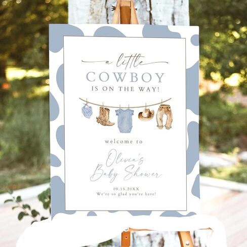 Blue Jean Baby Shower Welcome Sign, Western Boy Denim Clothesline Party Poster, Rustic Cowboy Themed Baby Shower Decoration, Modern Nursery Wall Art (Multi 3) in Saudi Arabia