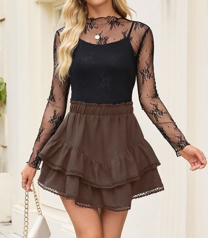 شورت نسائي صيفي كاجوال مزين بالدانتيل، تنانير بوهو عالية الخصر ذات طبقات مكشكشة صغيرة in Kuwait