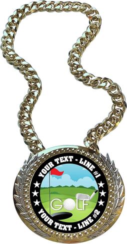 Express Medals Metal Version Golf Champ Chain Trophy with 2 Lines of Personalized Custom Text on a Large Award Medal and Attached 34 inch Long Metal Neck Chain. EG130 in Saudi Arabia