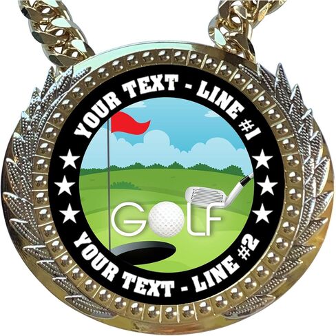 Express Medals Metal Version Golf Champ Chain Trophy with 2 Lines of Personalized Custom Text on a Large Award Medal and Attached 34 inch Long Metal Neck Chain. EG130 in Saudi Arabia