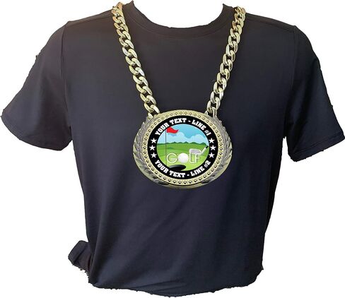 Express Medals Metal Version Golf Champ Chain Trophy with 2 Lines of Personalized Custom Text on a Large Award Medal and Attached 34 inch Long Metal Neck Chain. EG130 in Saudi Arabia