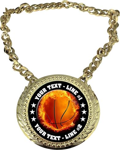 Express Medals Custom Flame Basketball Champ Chain Trophy with 2 Lines of Personalized Text on a Large Rigid Plastic Award Medal and 34 Inch Long Gold Color Neck Chain. EMFCL803 in Saudi Arabia