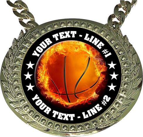 Express Medals Custom Flame Basketball Champ Chain Trophy with 2 Lines of Personalized Text on a Large Rigid Plastic Award Medal and 34 Inch Long Gold Color Neck Chain. EMFCL803 in Saudi Arabia