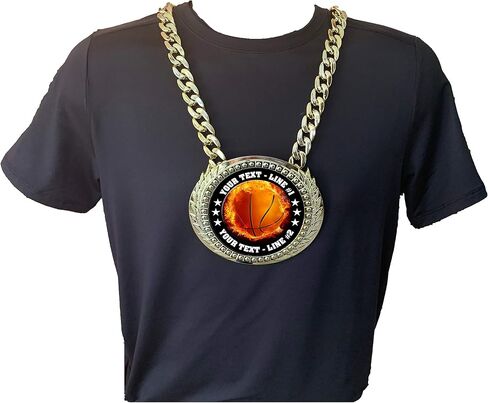 Express Medals Custom Flame Basketball Champ Chain Trophy with 2 Lines of Personalized Text on a Large Rigid Plastic Award Medal and 34 Inch Long Gold Color Neck Chain. EMFCL803 in Saudi Arabia
