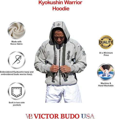 Men Embroidered Kyokushin Kanji Warrior Kanji Sports Athletic Hoodie Full Zipper Hoodie Grey Color in Saudi Arabia