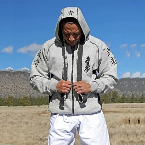 Men Embroidered Kyokushin Kanji Warrior Kanji Sports Athletic Hoodie Full Zipper Hoodie Grey Color in Saudi Arabia